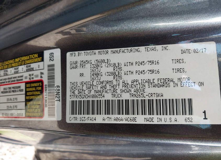 Photo 9 of 2017 Toyota Tacoma SR (VIN 5TFRX5GN3HX086554)