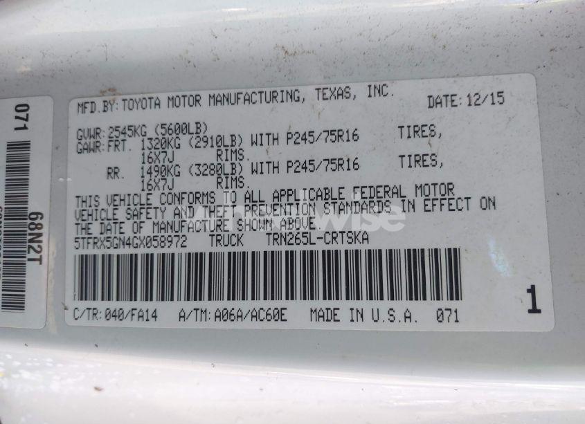 Photo 9 of 2016 Toyota Tacoma SR (VIN 5TFRX5GN4GX058972)