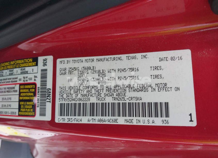 Photo 9 of 2016 Toyota Tacoma SR (VIN 5TFRX5GN4GX062228)