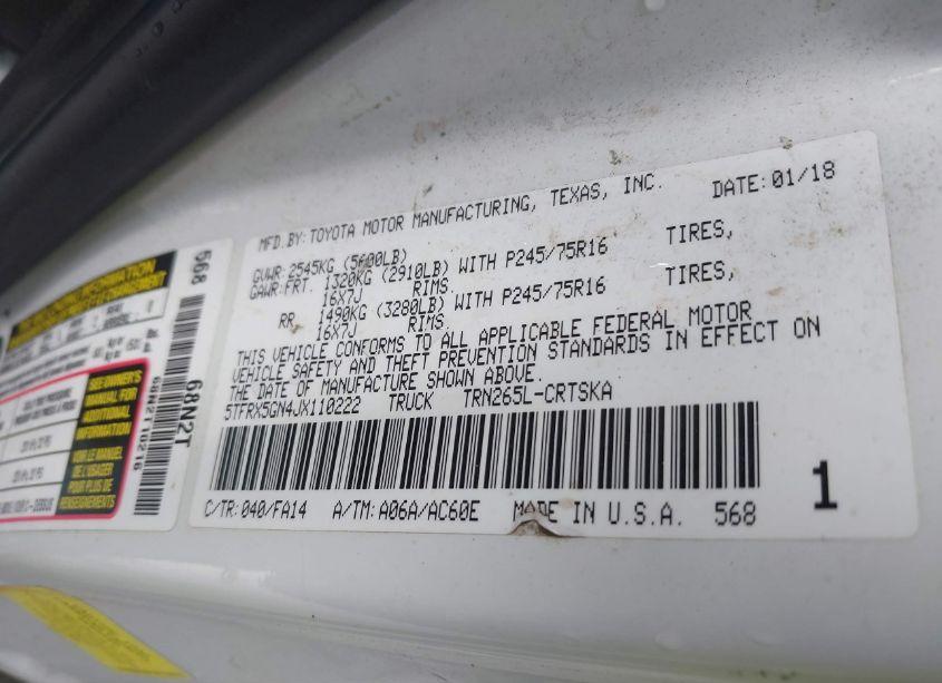 Photo 9 of 2018 Toyota Tacoma SR (VIN 5TFRX5GN4JX110222)