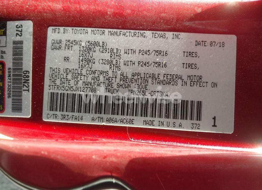 Photo 9 of 2018 Toyota Tacoma SR (VIN 5TFRX5GN5JX127708)