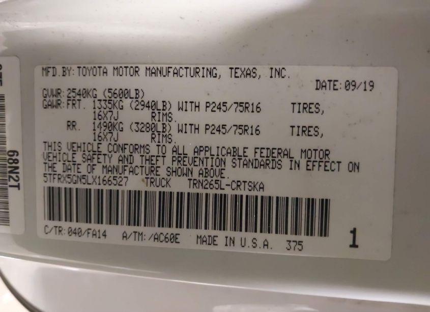 Photo 9 of 2020 Toyota Tacoma SR (VIN 5TFRX5GN5LX166527)