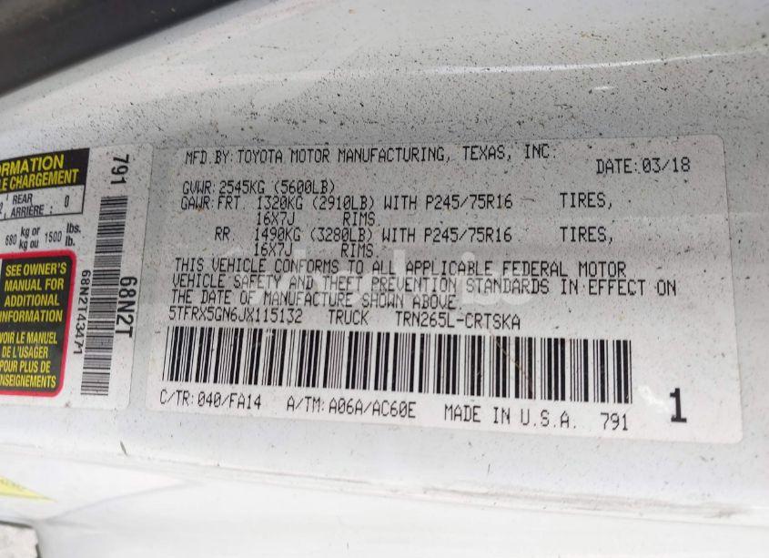 Photo 9 of 2018 Toyota Tacoma SR (VIN 5TFRX5GN6JX115132)