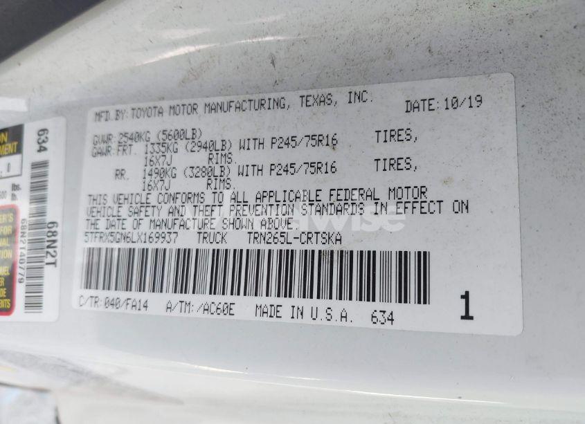 Photo 9 of 2020 Toyota Tacoma SR (VIN 5TFRX5GN6LX169937)