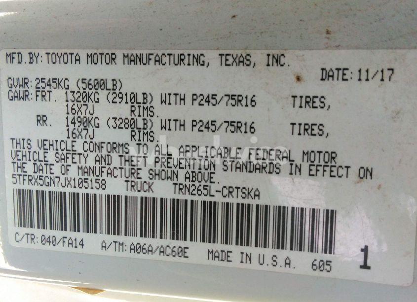 Photo 9 of 2018 Toyota Tacoma SR (VIN 5TFRX5GN7JX105158)