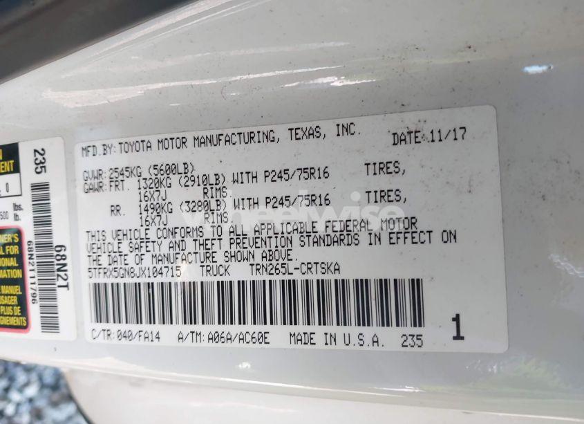 Photo 9 of 2018 Toyota Tacoma SR (VIN 5TFRX5GN8JX104715)