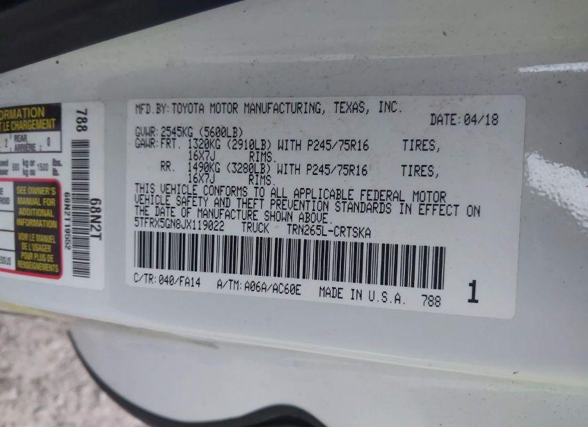 Photo 9 of 2018 Toyota Tacoma SR (VIN 5TFRX5GN8JX119022)