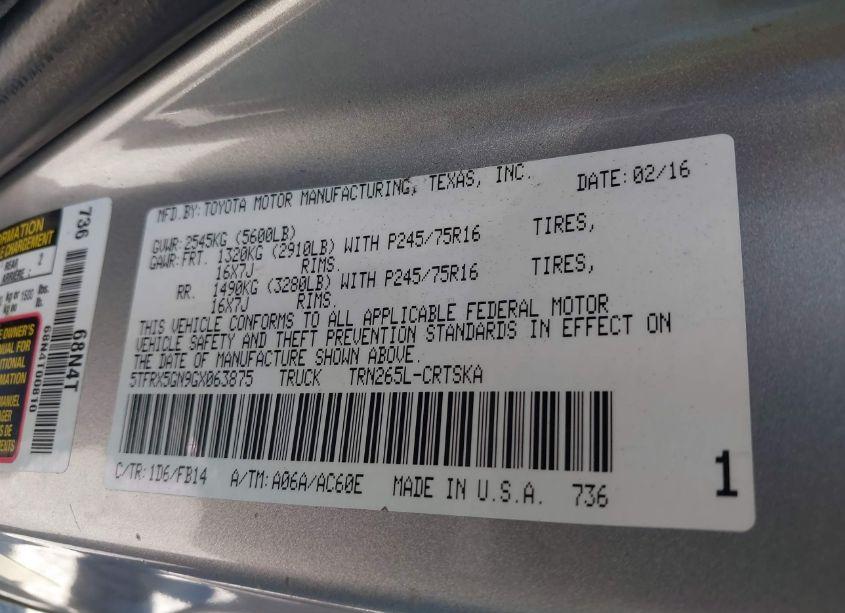 Photo 9 of 2016 Toyota Tacoma SR (VIN 5TFRX5GN9GX063875)