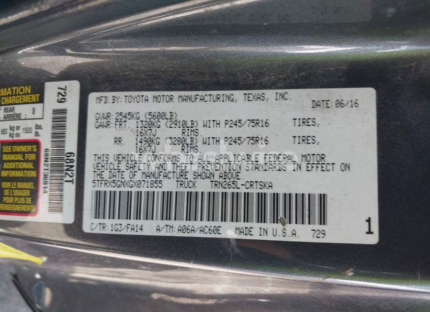 Photo 9 of 2016 Toyota Tacoma SR (VIN 5TFRX5GNXGX071855)