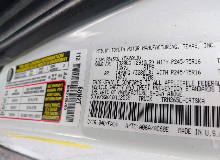Photo 9 of 2018 Toyota Tacoma SR (VIN 5TFRX5GNXJX112539)