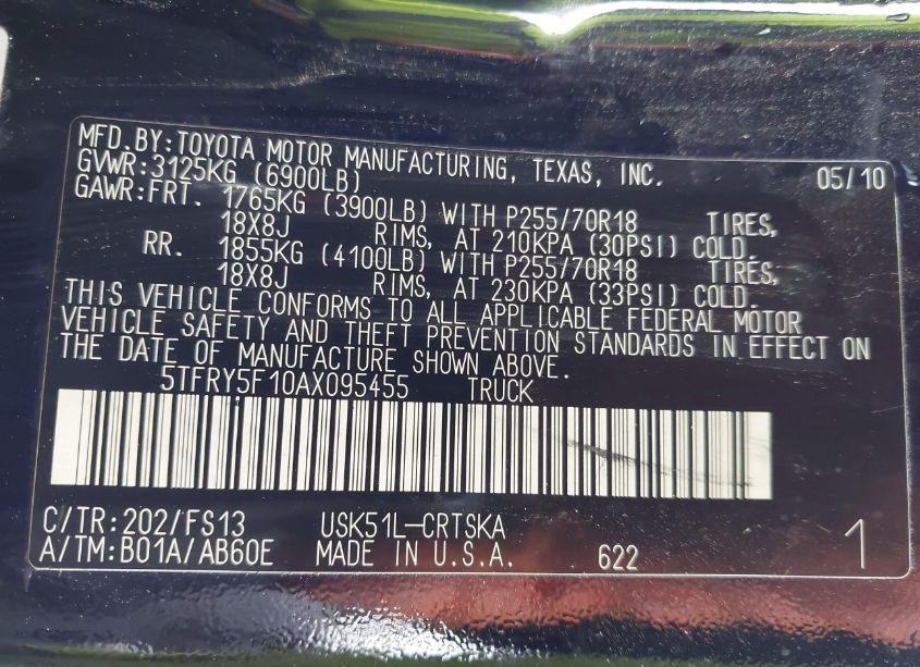 Photo 9 of 2010 Toyota Tundra GRADE 5.7L V8 (VIN 5TFRY5F10AX095455)