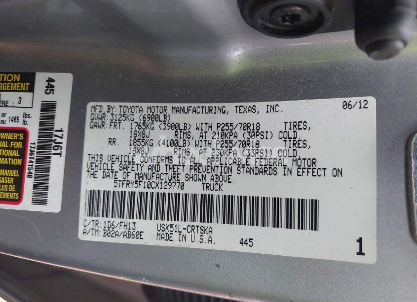 Photo 9 of 2012 Toyota Tundra GRADE 5.7L V8 (VIN 5TFRY5F10CX129770)