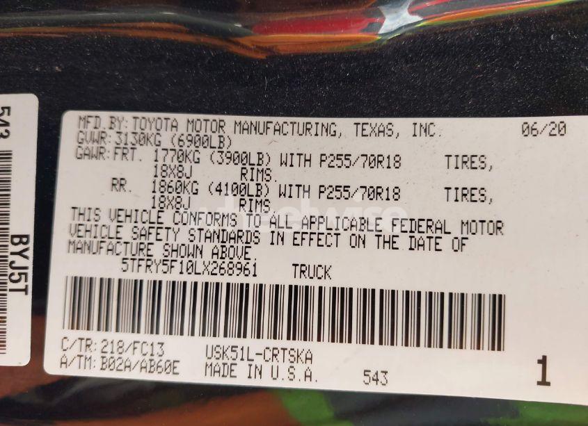 Photo 9 of 2020 Toyota Tundra SR5 (VIN 5TFRY5F10LX268961)