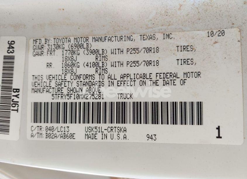 Photo 9 of 2021 Toyota Tundra SR (VIN 5TFRY5F10MX275281)