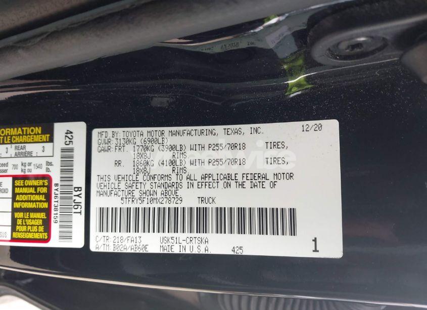 Photo 9 of 2021 Toyota Tundra SR (VIN 5TFRY5F10MX278729)