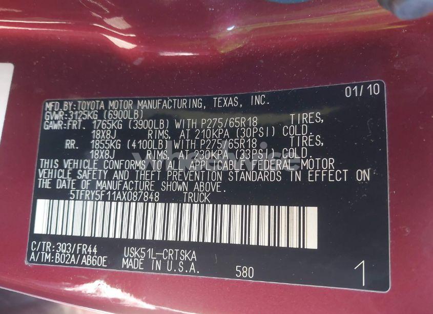 Photo 9 of 2010 Toyota Tundra DOUBLE CAB SR5 (VIN 5TFRY5F11AX087848)