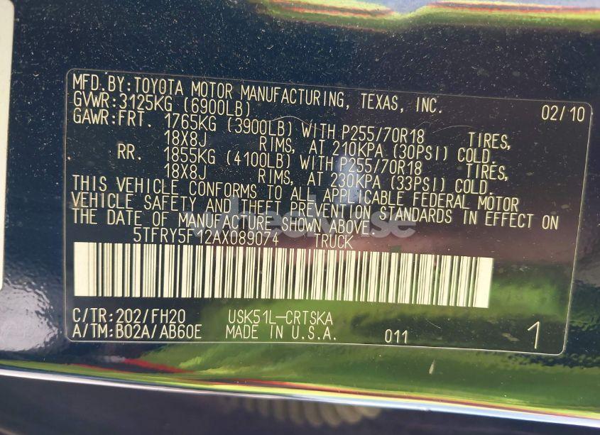 Photo 9 of 2010 Toyota Tundra 2WD TRUCK GRADE 5.7L V8 (A6) (VIN 5TFRY5F12AX089074)