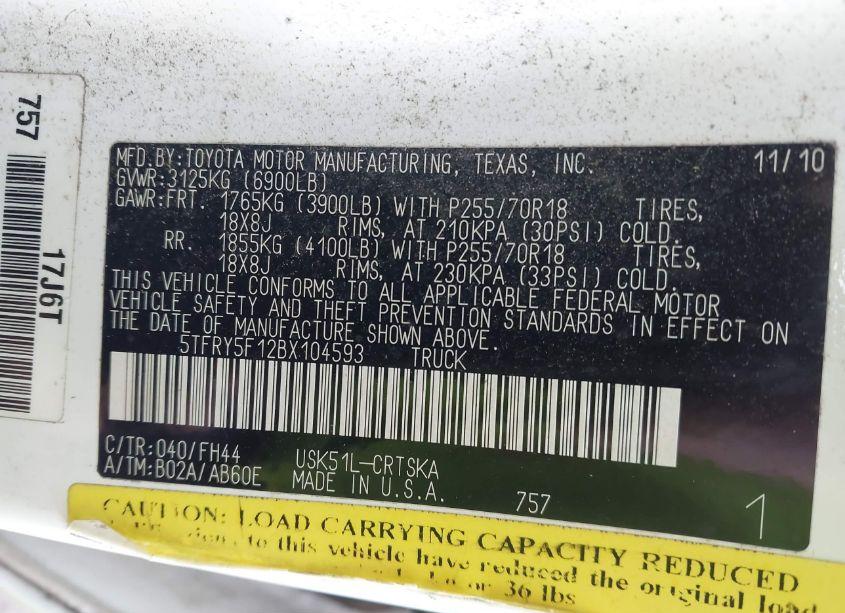 Photo 9 of 2011 Toyota Tundra GRADE 5.7L V8 (VIN 5TFRY5F12BX104593)