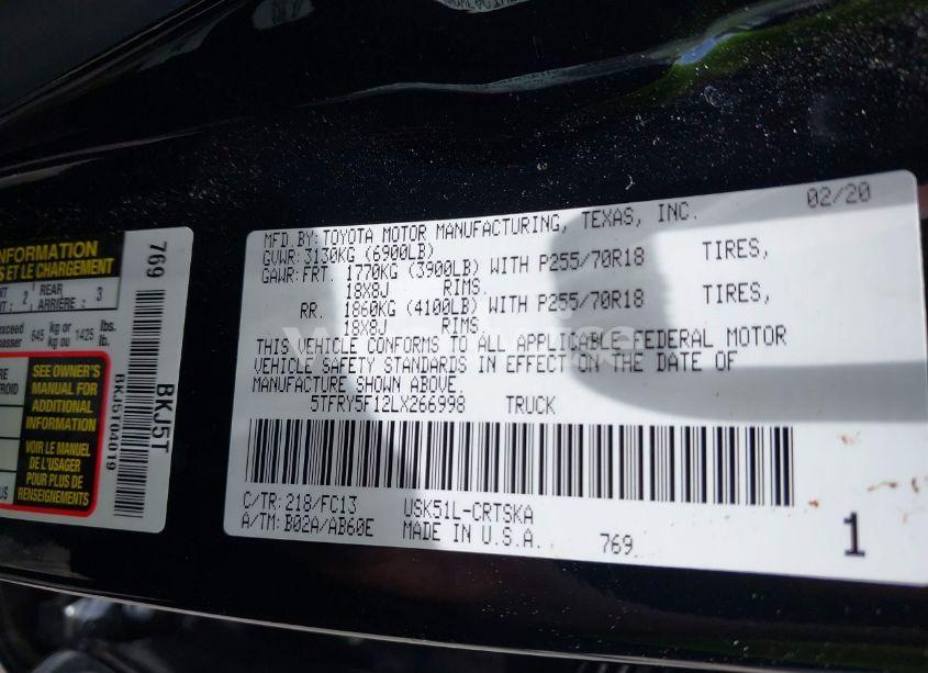 Photo 9 of 2020 Toyota Tundra SR5 (VIN 5TFRY5F12LX266998)