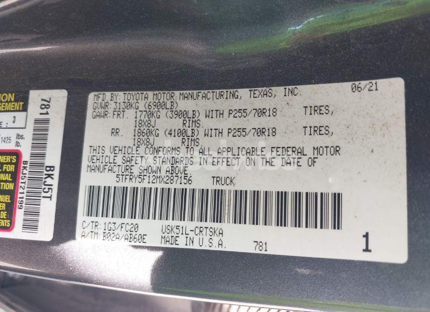 Photo 9 of 2021 Toyota Tundra SR5 (VIN 5TFRY5F12MX287156)