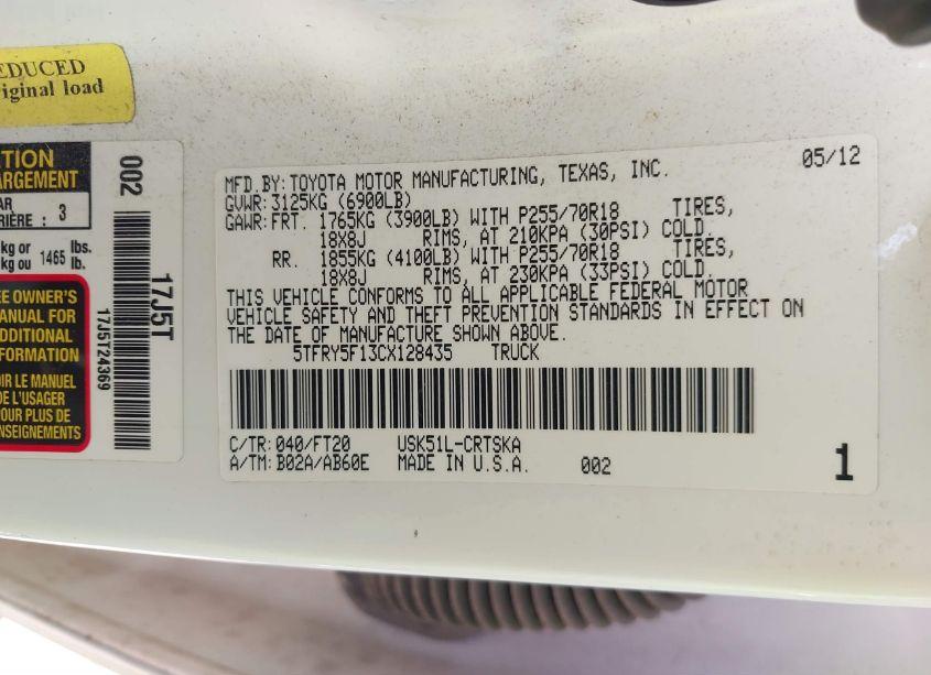 Photo 9 of 2012 Toyota Tundra GRADE 5.7L V8 (VIN 5TFRY5F13CX128435)