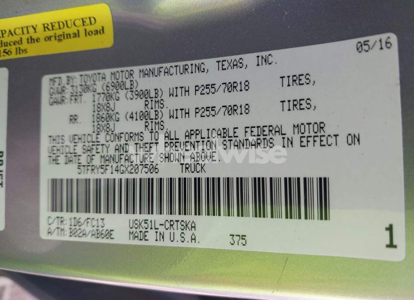 Photo 9 of 2016 Toyota Tundra SR5 5.7L V8 (VIN 5TFRY5F14GX207506)