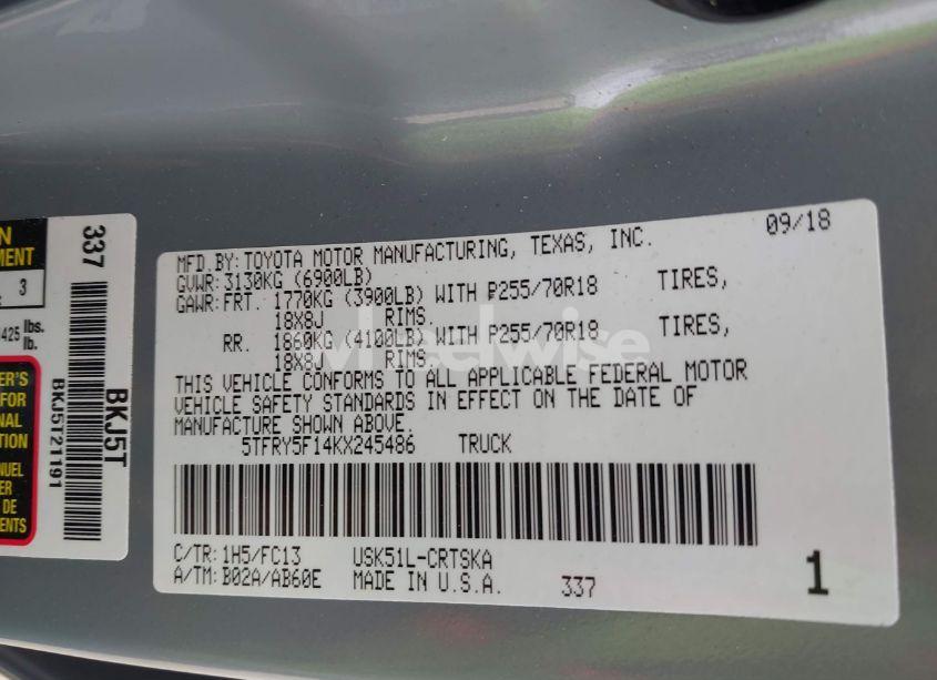 Photo 9 of 2019 Toyota Tundra SR5 5.7L V8 (VIN 5TFRY5F14KX245486)