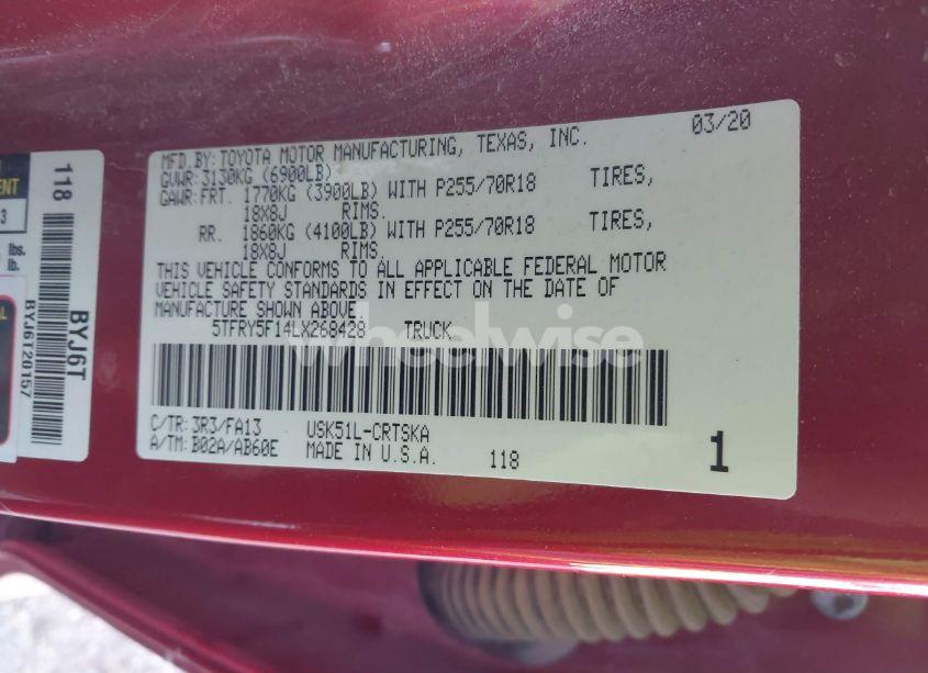 Photo 9 of 2020 Toyota Tundra SR (VIN 5TFRY5F14LX268428)