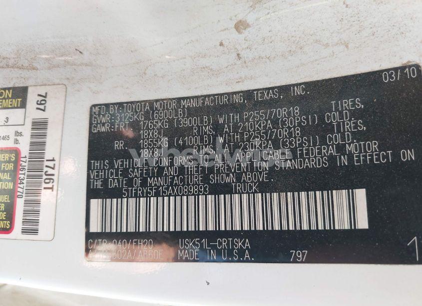 Photo 9 of 2010 Toyota Tundra GRADE 5.7L V8 (VIN 5TFRY5F15AX089893)