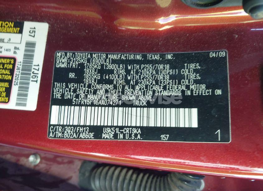 Photo 9 of 2010 Toyota Tundra GRADE 5.7L V8 (VIN 5TFRY5F16AX074271)