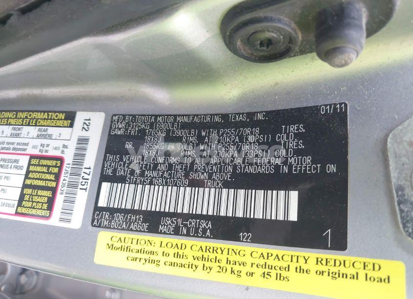 Photo 9 of 2011 Toyota Tundra DOUBLE CAB SR5 (VIN 5TFRY5F16BX107609)