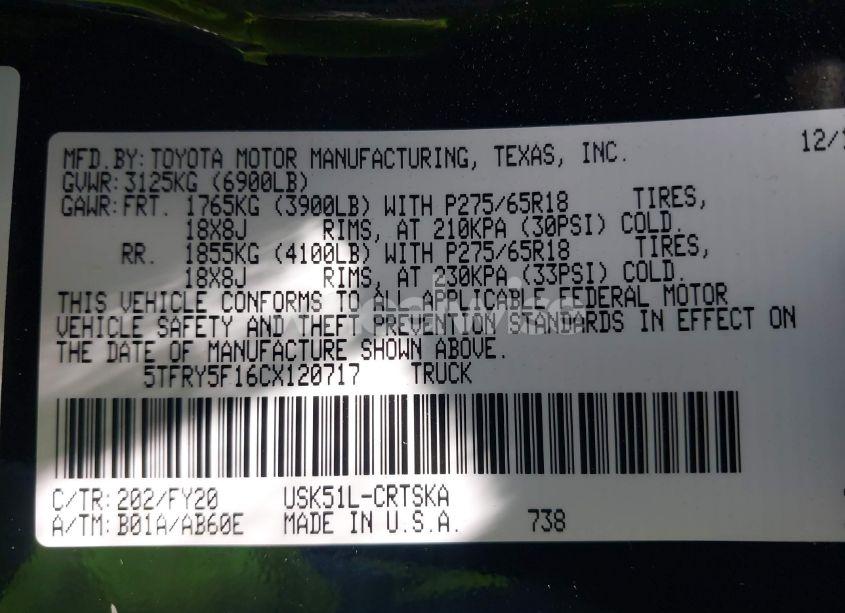 Photo 9 of 2012 Toyota Tundra GRADE 5.7L V8 (VIN 5TFRY5F16CX120717)