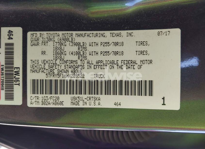 Photo 9 of 2017 Toyota Tundra SR5 5.7L V8 (VIN 5TFRY5F16HX228522)