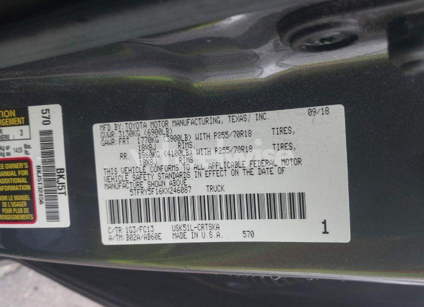 Photo 9 of 2019 Toyota Tundra SR5 5.7L V8 (VIN 5TFRY5F16KX246087)