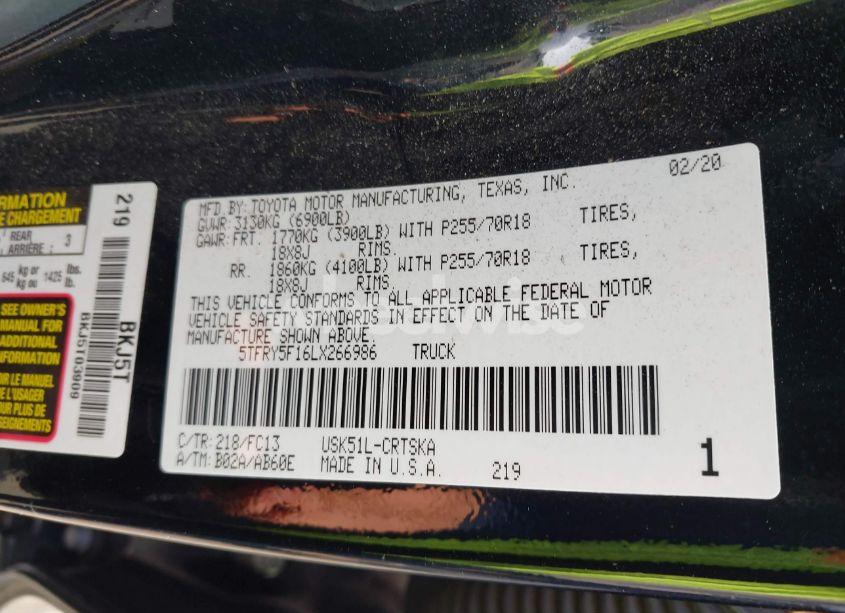 Photo 9 of 2020 Toyota Tundra SR5 (VIN 5TFRY5F16LX266986)