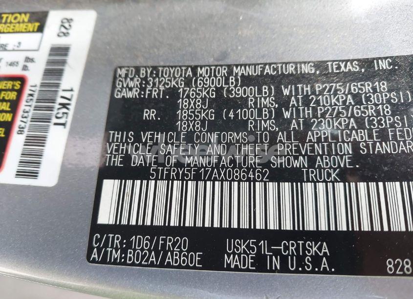 Photo 9 of 2010 Toyota Tundra DOUBLE CAB SR5 (VIN 5TFRY5F17AX086462)