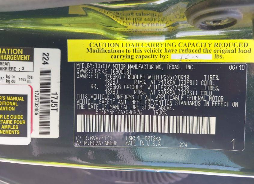 Photo 9 of 2010 Toyota Tundra GRADE 5.7L V8 (VIN 5TFRY5F17AX096926)