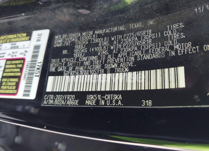 Photo 9 of 2011 Toyota Tundra GRADE 5.7L V8 (VIN 5TFRY5F17BX105318)