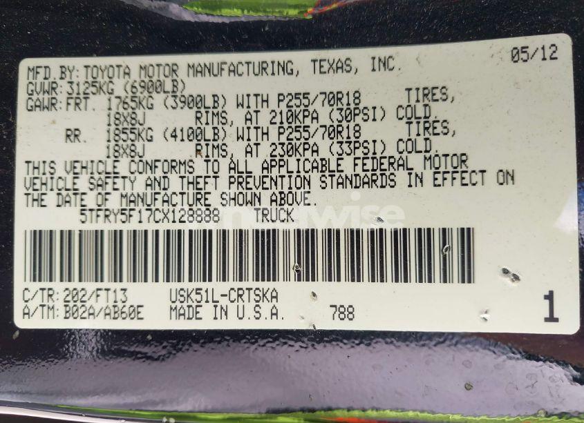 Photo 9 of 2012 Toyota Tundra GRADE 5.7L V8 (VIN 5TFRY5F17CX128888)