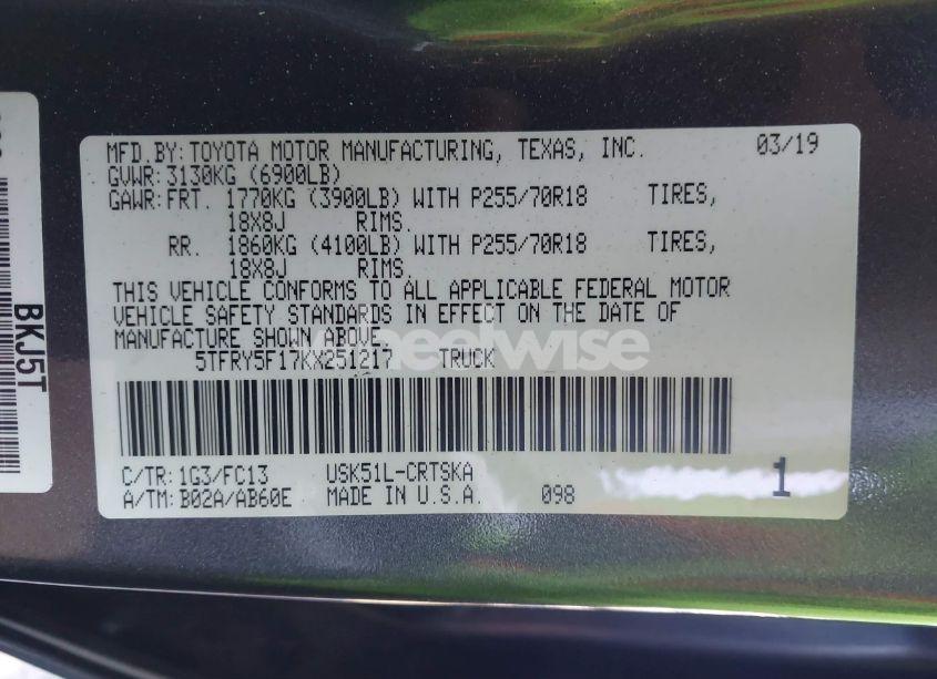 Photo 9 of 2019 Toyota Tundra SR5 5.7L V8 (VIN 5TFRY5F17KX251217)