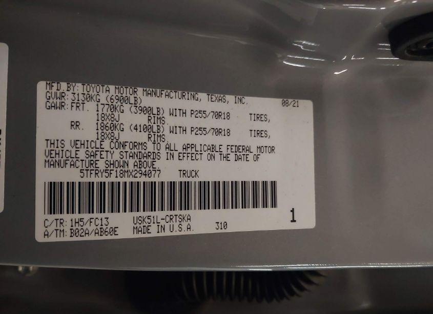 Photo 9 of 2021 Toyota Tundra SR5 (VIN 5TFRY5F18MX294077)