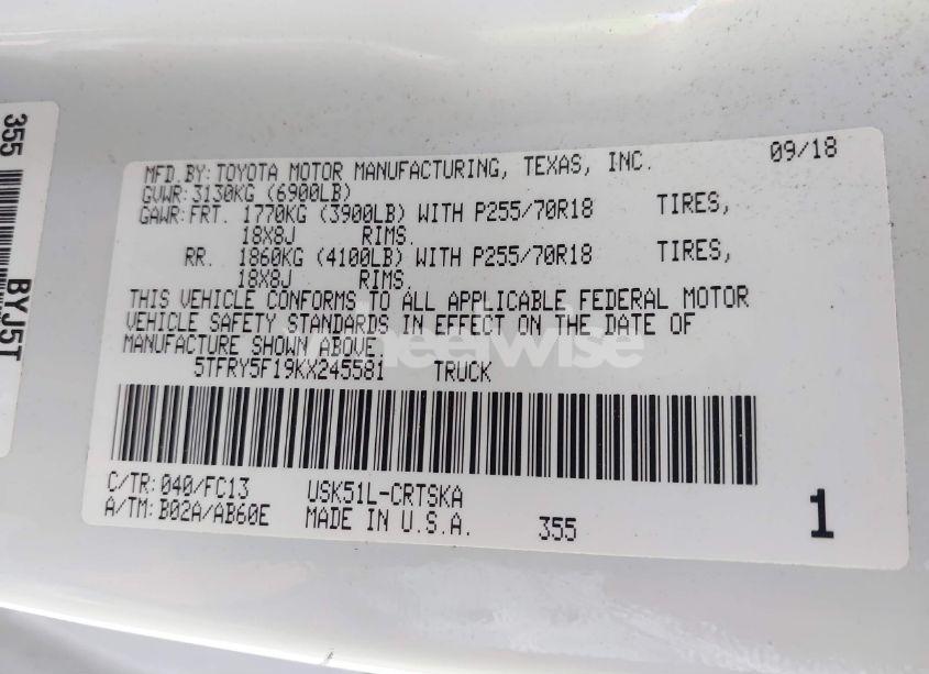 Photo 9 of 2019 Toyota Tundra SR5 5.7L V8 (VIN 5TFRY5F19KX245581)