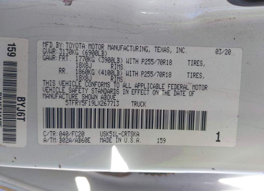 Photo 9 of 2020 Toyota Tundra SR5 (VIN 5TFRY5F19LX267713)