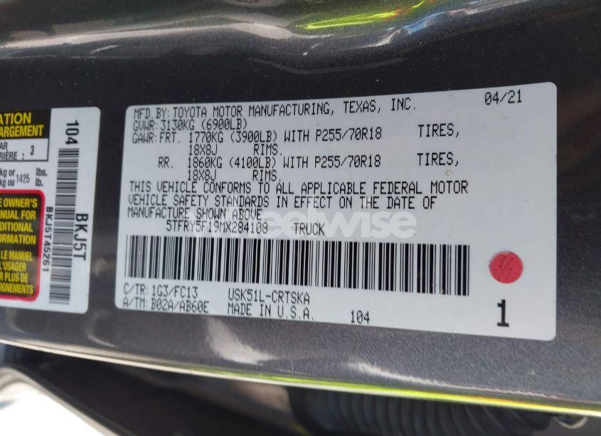 Photo 9 of 2021 Toyota Tundra SR5 (VIN 5TFRY5F19MX284108)