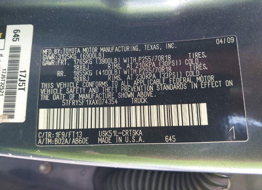 Photo 9 of 2010 Toyota Tundra GRADE 5.7L V8 (VIN 5TFRY5F1XAX074354)