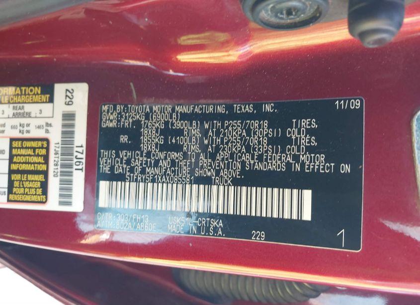 Photo 9 of 2010 Toyota Tundra GRADE 5.7L V8 (VIN 5TFRY5F1XAX085581)