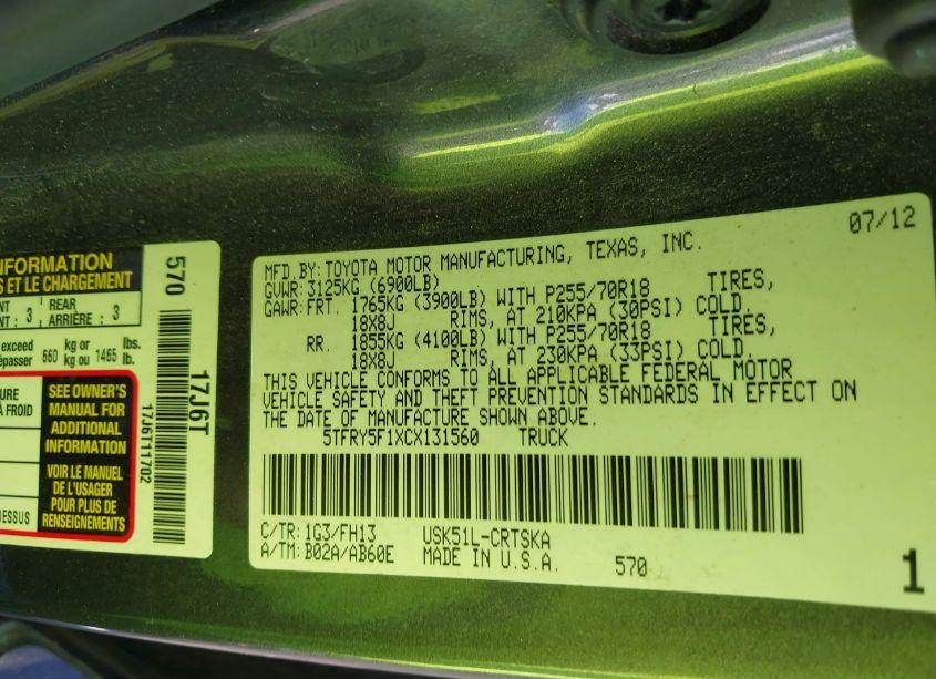 Photo 9 of 2012 Toyota Tundra GRADE 5.7L V8 (VIN 5TFRY5F1XCX131560)