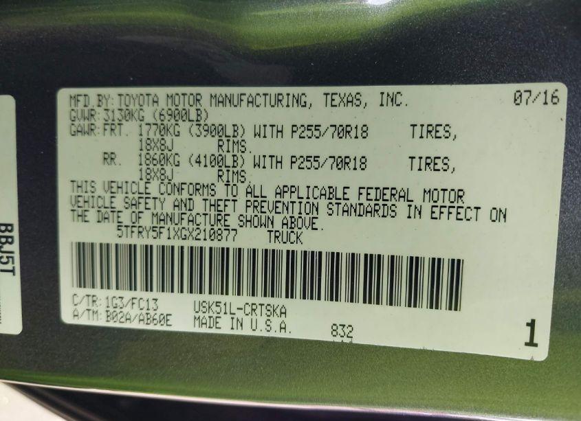 Photo 9 of 2016 Toyota Tundra SR5 5.7L V8 (VIN 5TFRY5F1XGX210877)