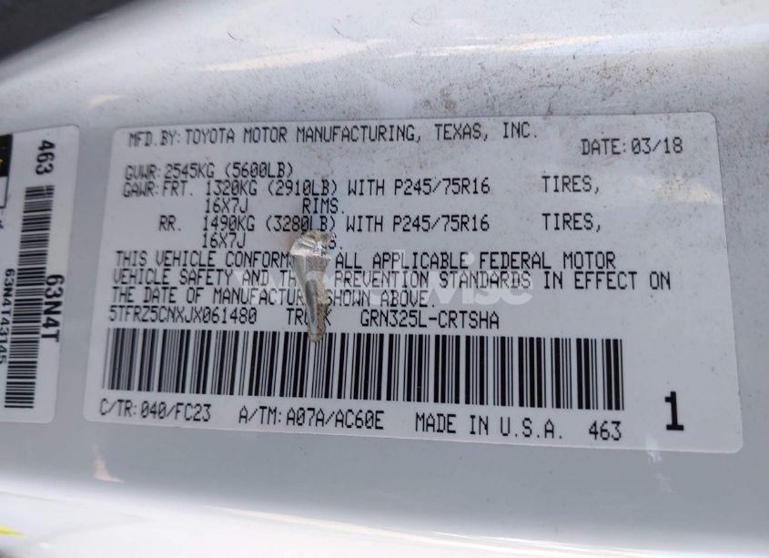 Photo 9 of 2018 Toyota Tacoma SR5 V6 (VIN 5TFRZ5CNXJX061480)