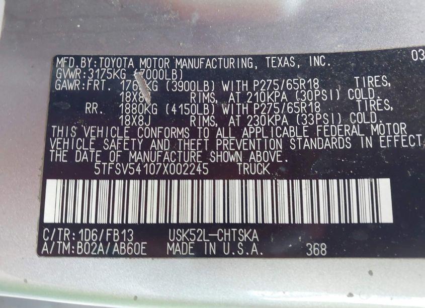 Photo 9 of 2007 Toyota Tundra SR5 5.7L V8 (VIN 5TFSV54107X002245)